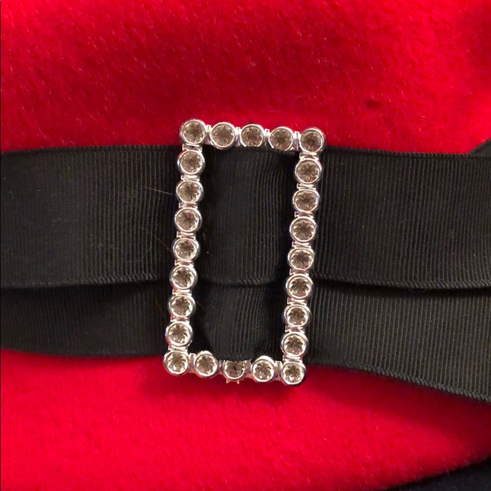 LAST CHANCE Vintage Wool Red Hat Rhinestones Black Buckle - Picture 2 of 4